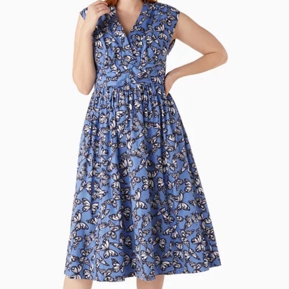 Kate Spade women's Poplin Bow Butterfly Print Dress in a blue color size 8